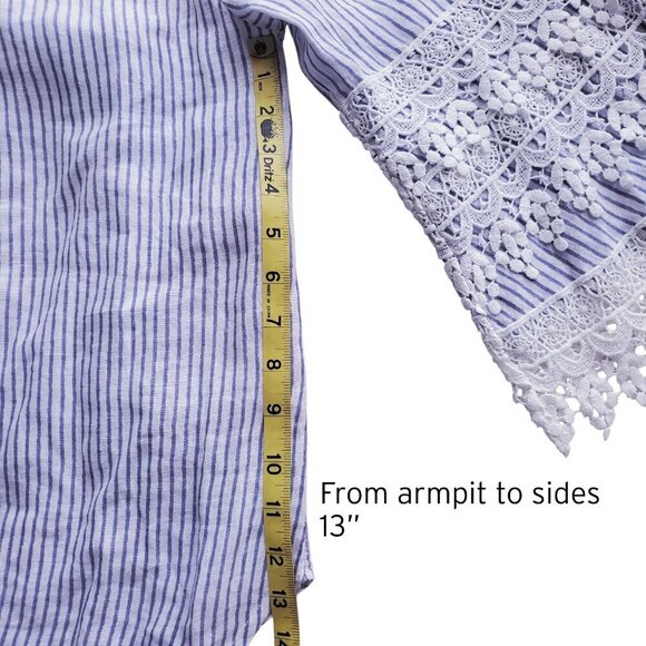 Saks Fifth Avenue 100& Linen Off-or on-Shoulder Blue Striped Lace Blouse Size M - Picture 11 of 16